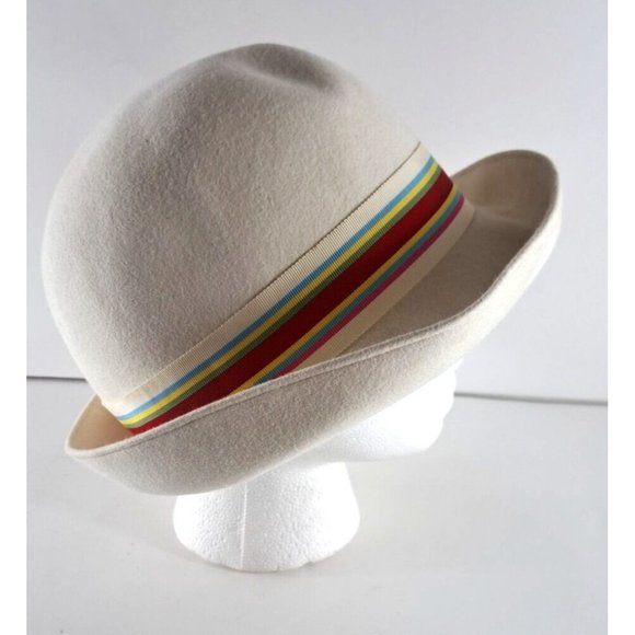 Women's Vintage Adolfo Realites Hat Bowler White Felt Striped Rainbow Brim Bow S - Picture 4 of 10